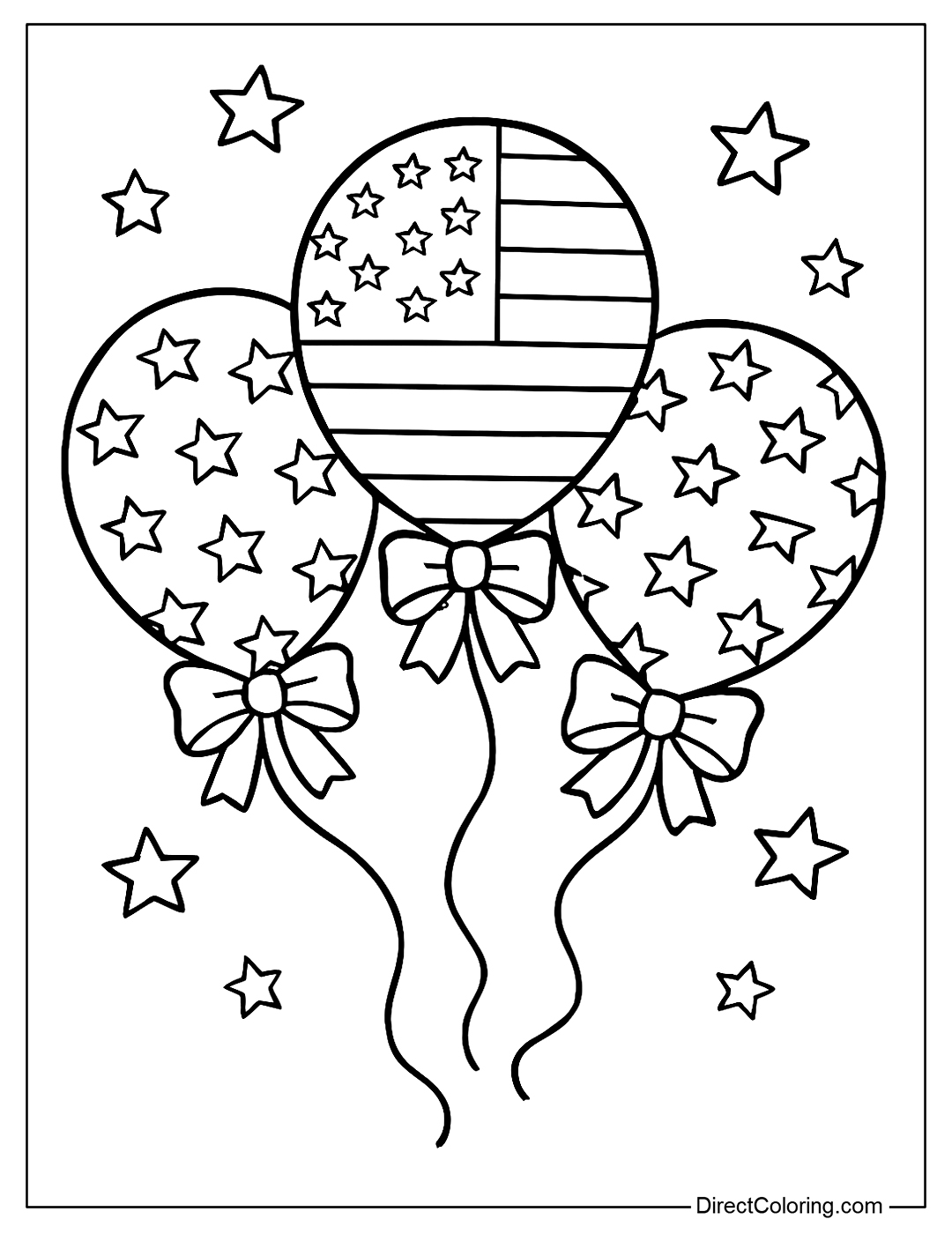 A coloring page of three balloons with American flag motifs, red bows and strings flying in the wind, with a few stars in the background.